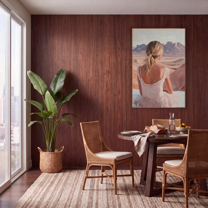Woman Overlooking Desert Mesas Boho wall art in a warm boho-style room – woman in a blush pink dress seen from behind