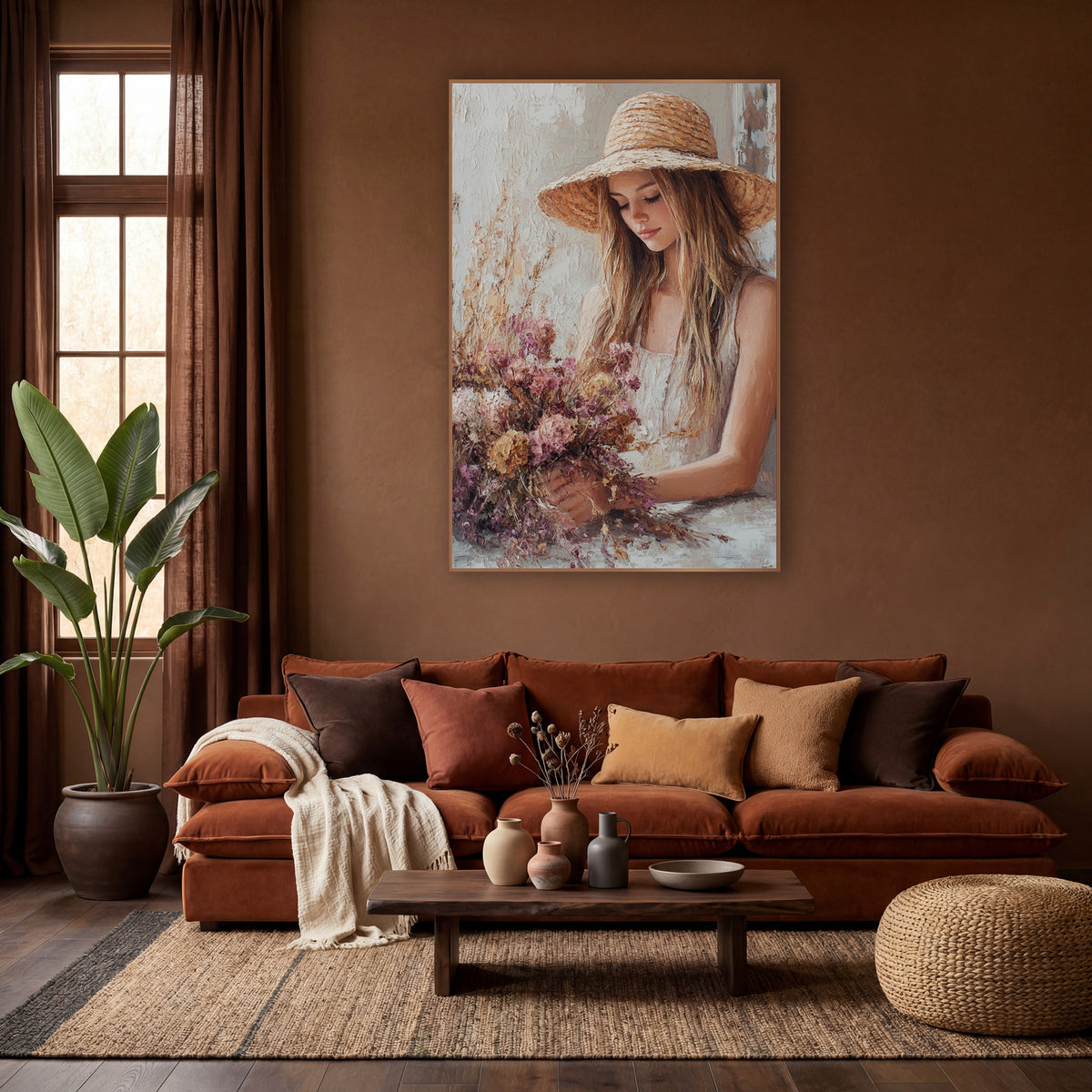Woman With Dried Flower Bouquet Boho wall art in a warm boho-style room – young woman in a wide straw hat looking down