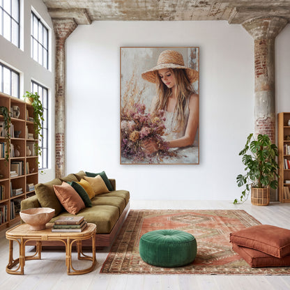 Woman With Dried Flower Bouquet Boho wall art in a warm boho-style room – young woman in a wide straw hat looking down
