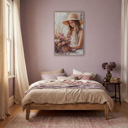 Woman With Dried Flower Bouquet Boho wall art in a warm boho-style room – young woman in a wide straw hat looking down