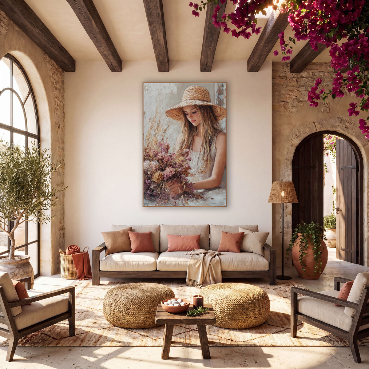 Woman With Dried Flower Bouquet Boho wall art in a warm boho-style room – young woman in a wide straw hat looking down