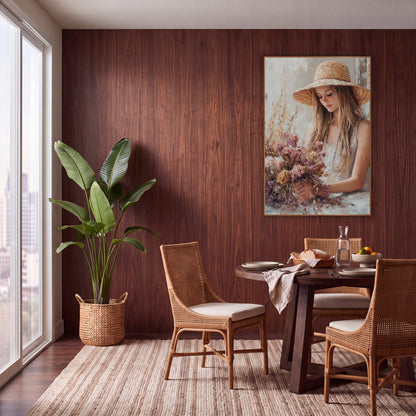 Woman With Dried Flower Bouquet Boho wall art in a warm boho-style room – young woman in a wide straw hat looking down