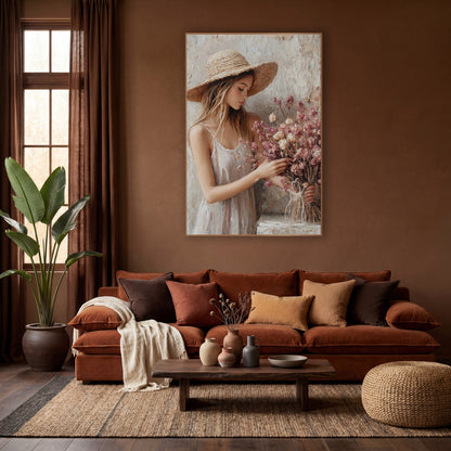 Dried Flower Bouquet Woman Boho wall art in a warm boho-style room – woman in a wide straw hat and white sundress