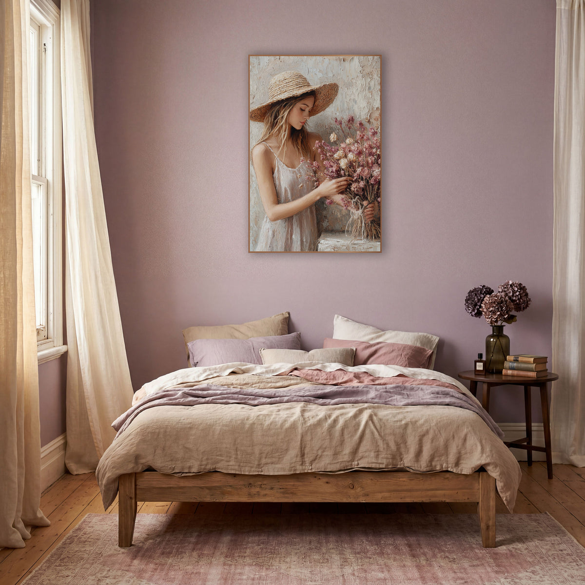 Dried Flower Bouquet Woman Boho wall art in a warm boho-style room – woman in a wide straw hat and white sundress