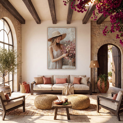 Dried Flower Bouquet Woman Boho wall art in a warm boho-style room – woman in a wide straw hat and white sundress