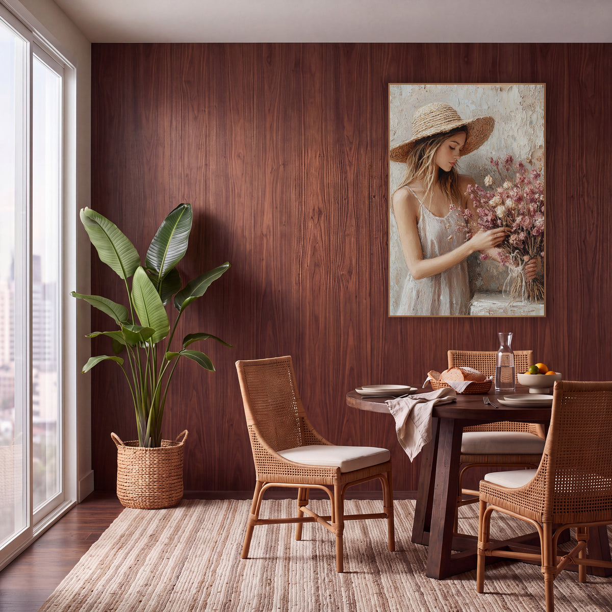 Dried Flower Bouquet Woman Boho wall art in a warm boho-style room – woman in a wide straw hat and white sundress