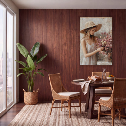Dried Flower Bouquet Woman Boho wall art in a warm boho-style room – woman in a wide straw hat and white sundress