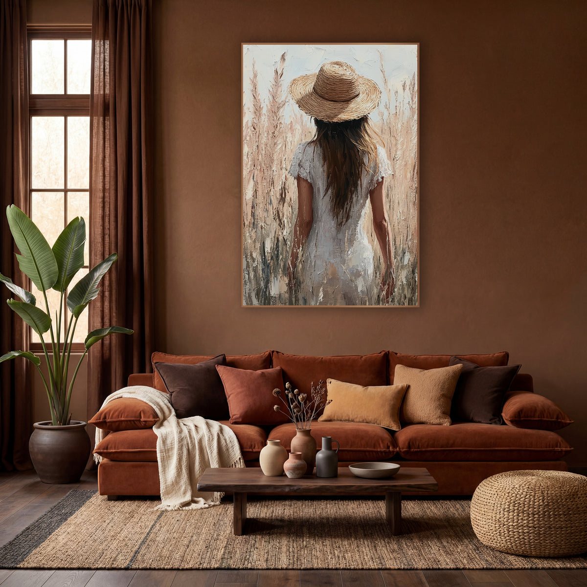Woman in Straw Hat Pampas Boho wall art in a warm boho-style room – woman in a straw hat and white dress seen