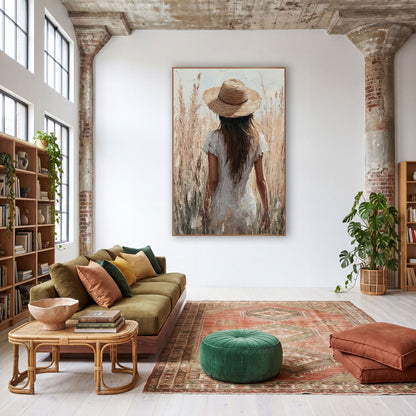 Woman in Straw Hat Pampas Boho wall art in a warm boho-style room – woman in a straw hat and white dress seen