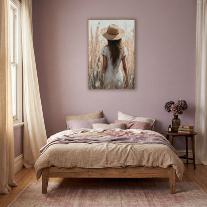 Woman in Straw Hat Pampas Boho wall art in a warm boho-style room – woman in a straw hat and white dress seen