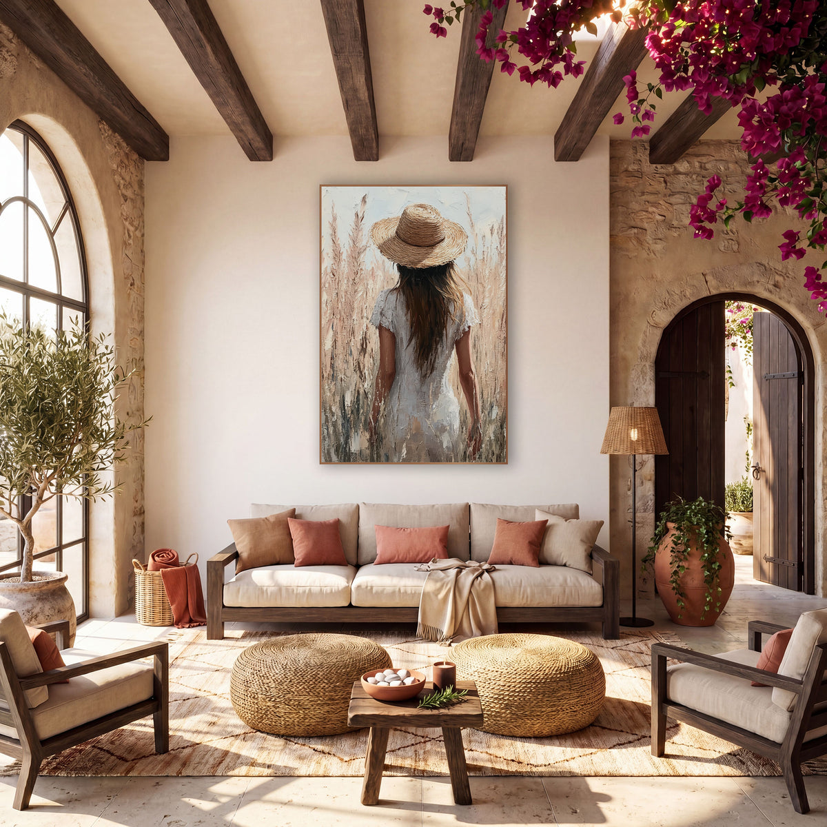 Woman in Straw Hat Pampas Boho wall art in a warm boho-style room – woman in a straw hat and white dress seen