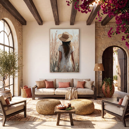 Woman in Straw Hat Pampas Boho wall art in a warm boho-style room – woman in a straw hat and white dress seen