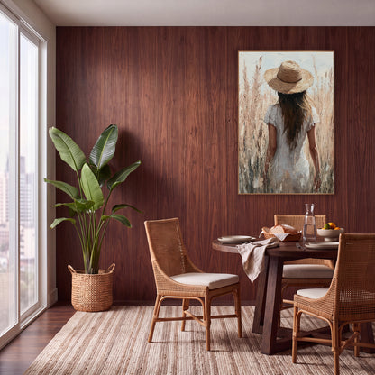 Woman in Straw Hat Pampas Boho wall art in a warm boho-style room – woman in a straw hat and white dress seen
