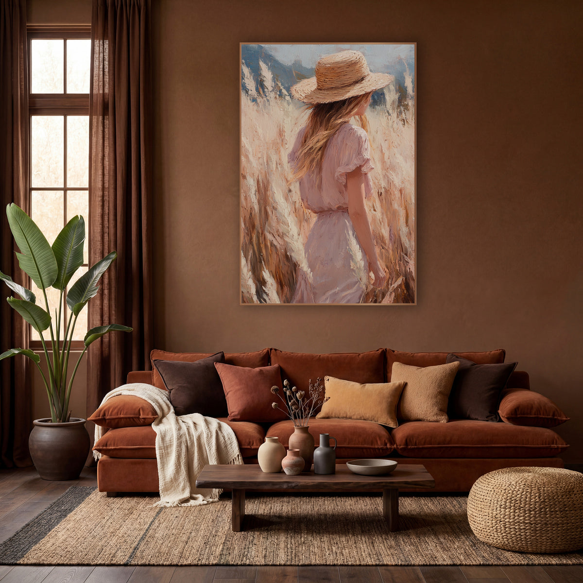 Woman in Pampas Grass Boho wall art in a warm boho-style room – woman in straw hat and blush pink dress seen