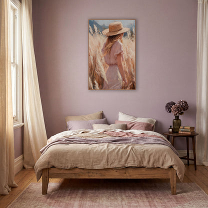 Woman in Pampas Grass Boho wall art in a warm boho-style room – woman in straw hat and blush pink dress seen