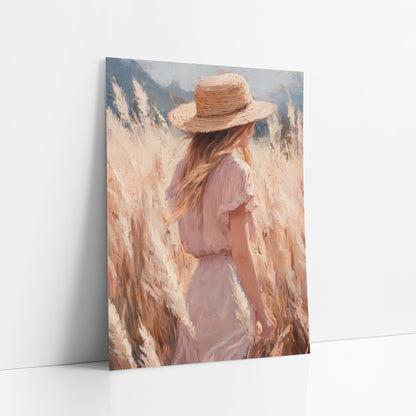 Woman in Pampas Grass Boho art print leaning against a white wall – woman in straw hat and blush pink dress seen from behind