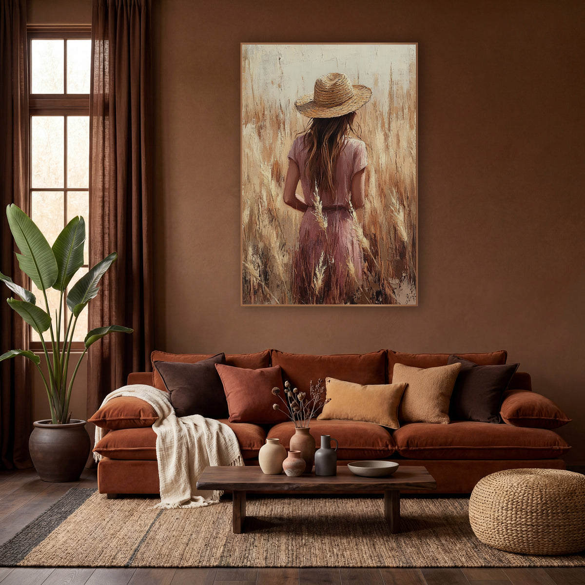 Woman in Straw Hat Field Boho wall art in a warm boho-style room – woman in a straw hat and rose dress seen