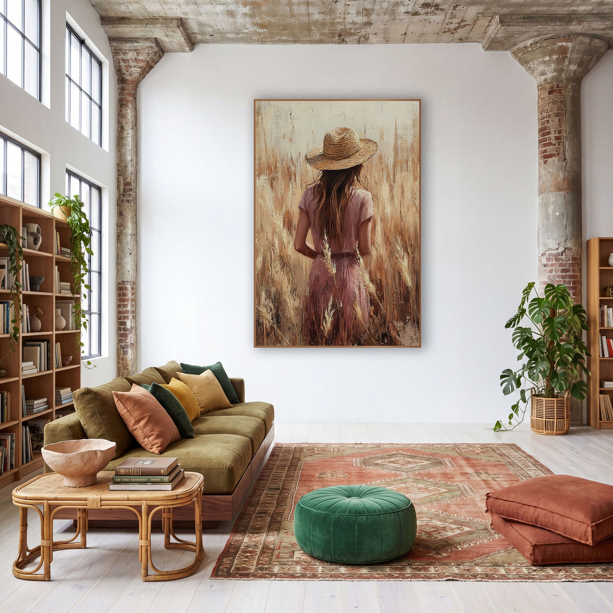 Woman in Straw Hat Field Boho wall art in a warm boho-style room – woman in a straw hat and rose dress seen