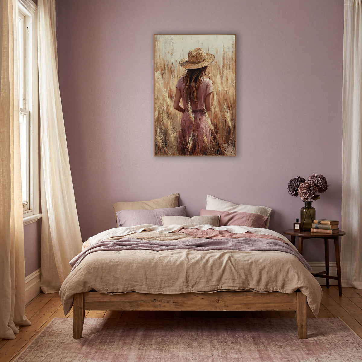 Woman in Straw Hat Field Boho wall art in a warm boho-style room – woman in a straw hat and rose dress seen