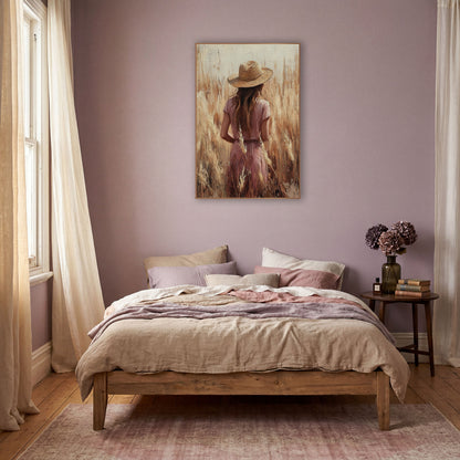 Woman in Straw Hat Field Boho wall art in a warm boho-style room – woman in a straw hat and rose dress seen