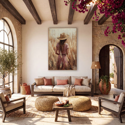 Woman in Straw Hat Field Boho wall art in a warm boho-style room – woman in a straw hat and rose dress seen