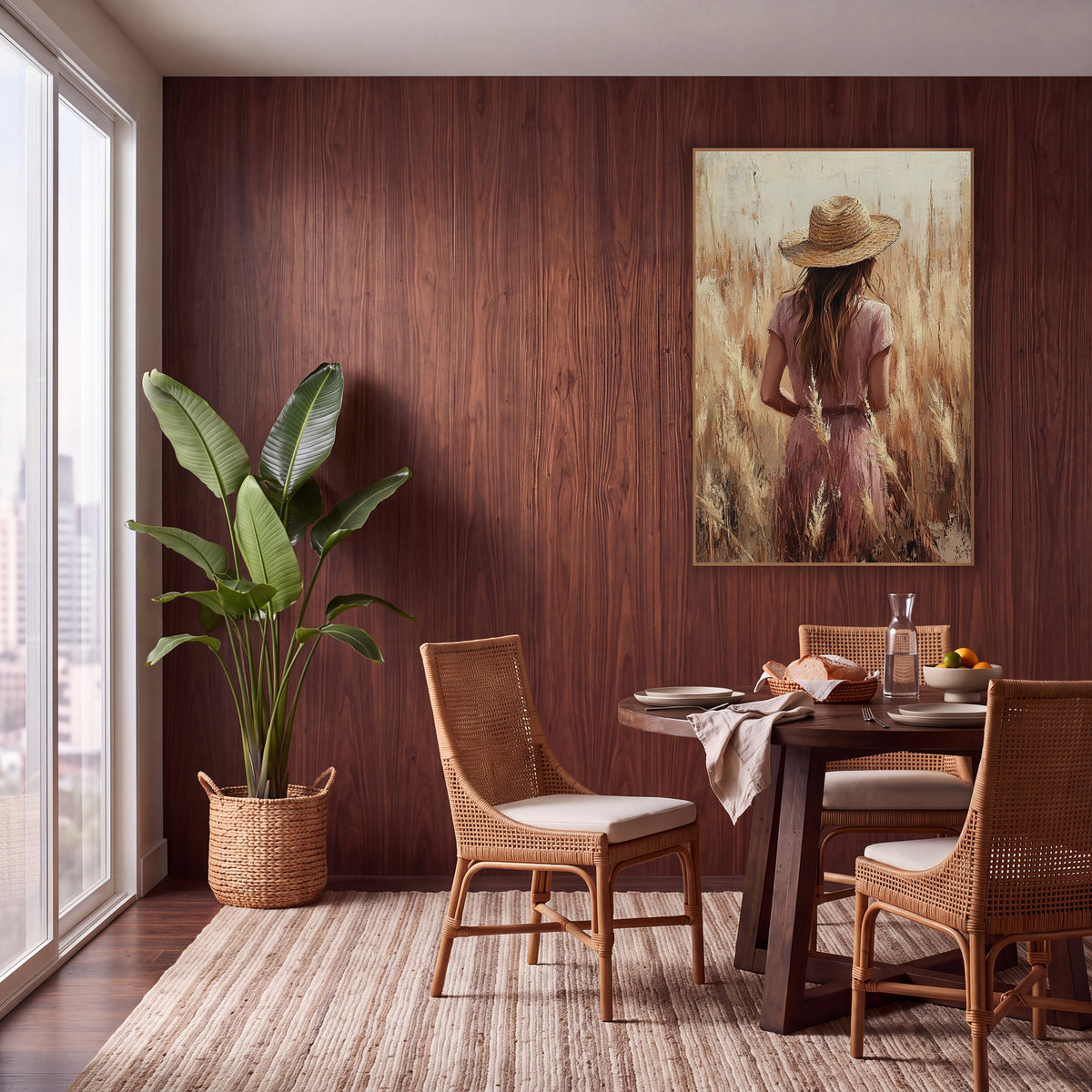 Woman in Straw Hat Field Boho wall art in a warm boho-style room – woman in a straw hat and rose dress seen