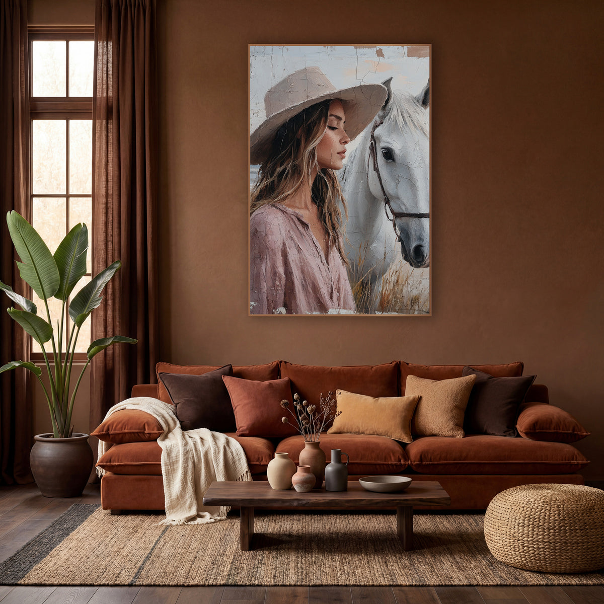 Woman With White Horse Boho wall art in a warm boho-style room – woman in a wide-brim hat and pink blouse with eyes