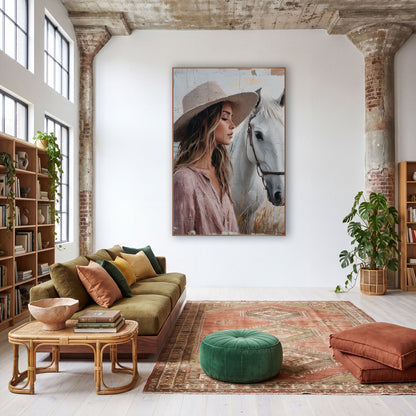 Woman With White Horse Boho wall art in a warm boho-style room – woman in a wide-brim hat and pink blouse with eyes
