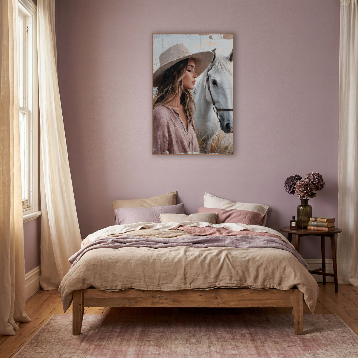 Woman With White Horse Boho wall art in a warm boho-style room – woman in a wide-brim hat and pink blouse with eyes