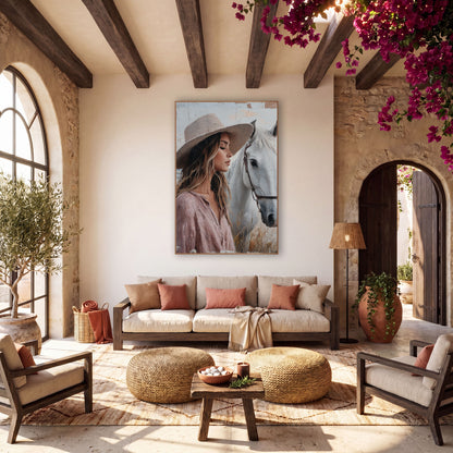 Woman With White Horse Boho wall art in a warm boho-style room – woman in a wide-brim hat and pink blouse with eyes