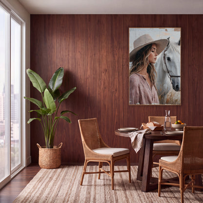 Woman With White Horse Boho wall art in a warm boho-style room – woman in a wide-brim hat and pink blouse with eyes