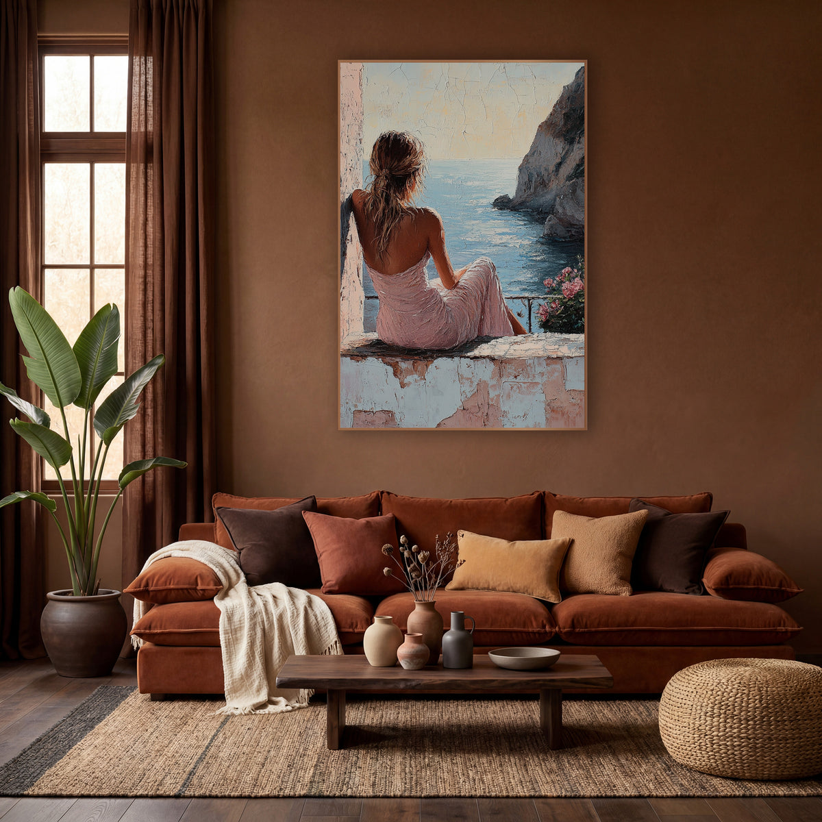Woman on Seaside Terrace Coastal wall art in a warm boho-style room – woman in pink dress seen from behind sitting