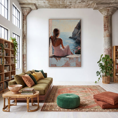 Woman on Seaside Terrace Coastal wall art in a warm boho-style room – woman in pink dress seen from behind sitting