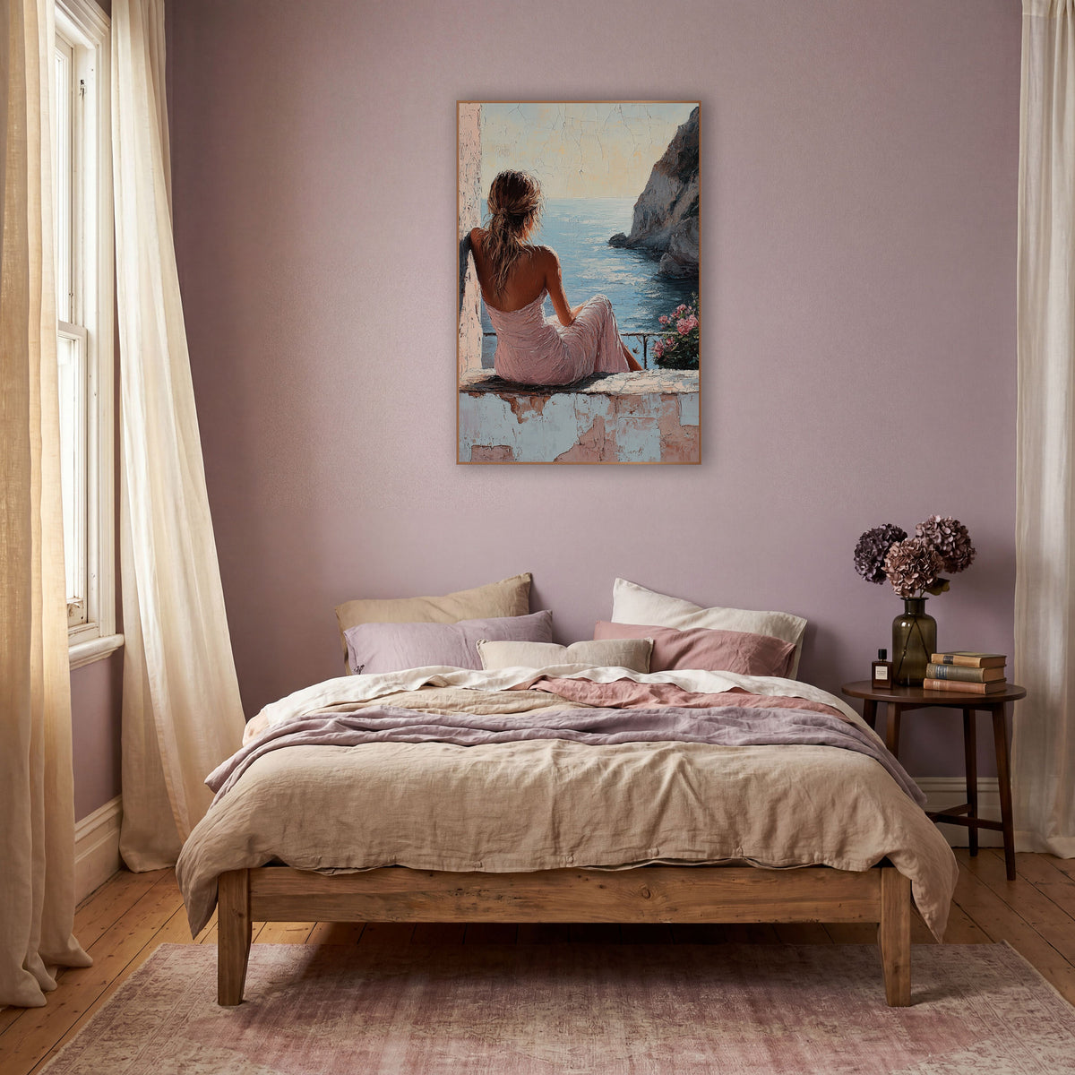Woman on Seaside Terrace Coastal wall art in a warm boho-style room – woman in pink dress seen from behind sitting