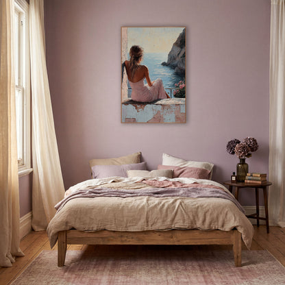 Woman on Seaside Terrace Coastal wall art in a warm boho-style room – woman in pink dress seen from behind sitting