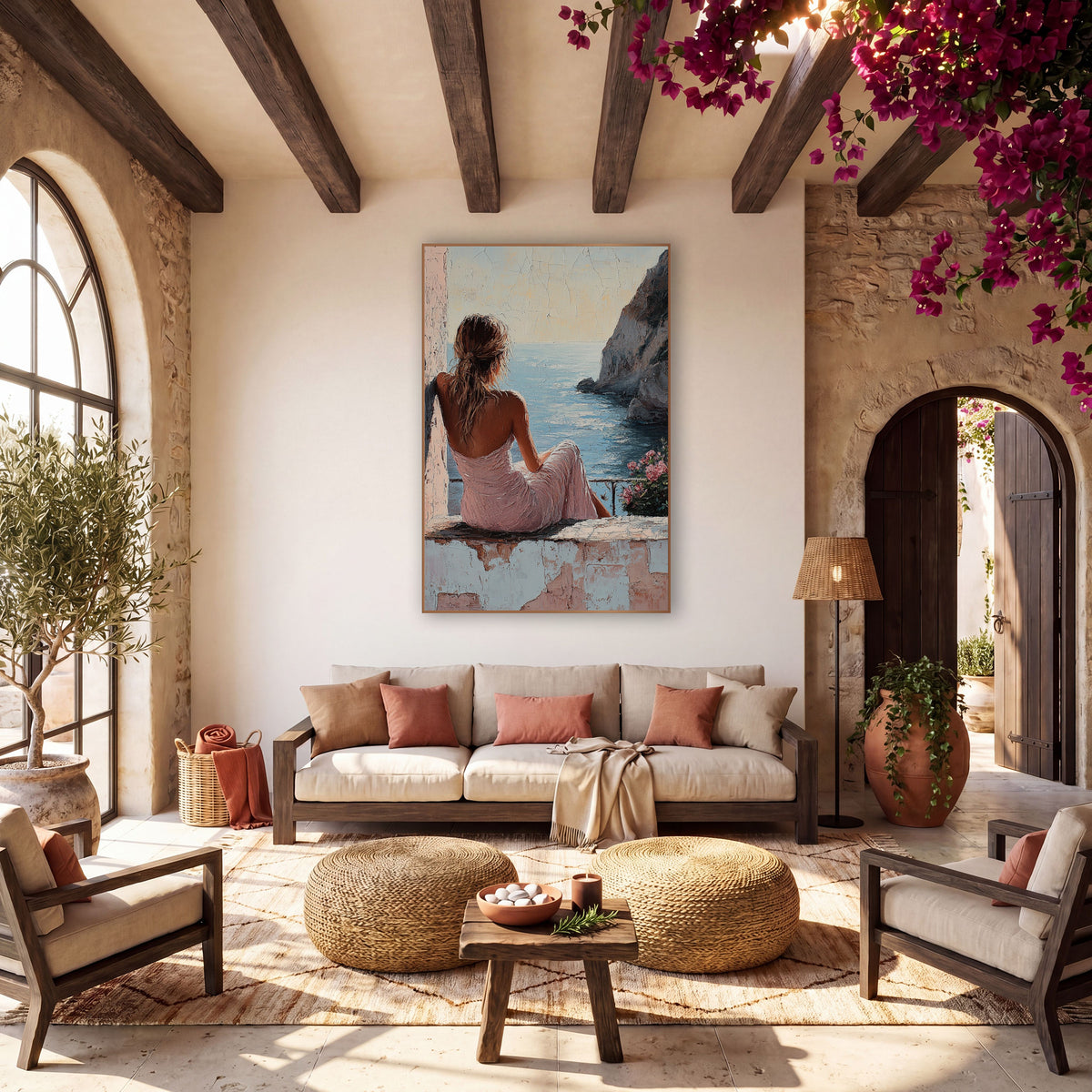 Woman on Seaside Terrace Coastal wall art in a warm boho-style room – woman in pink dress seen from behind sitting