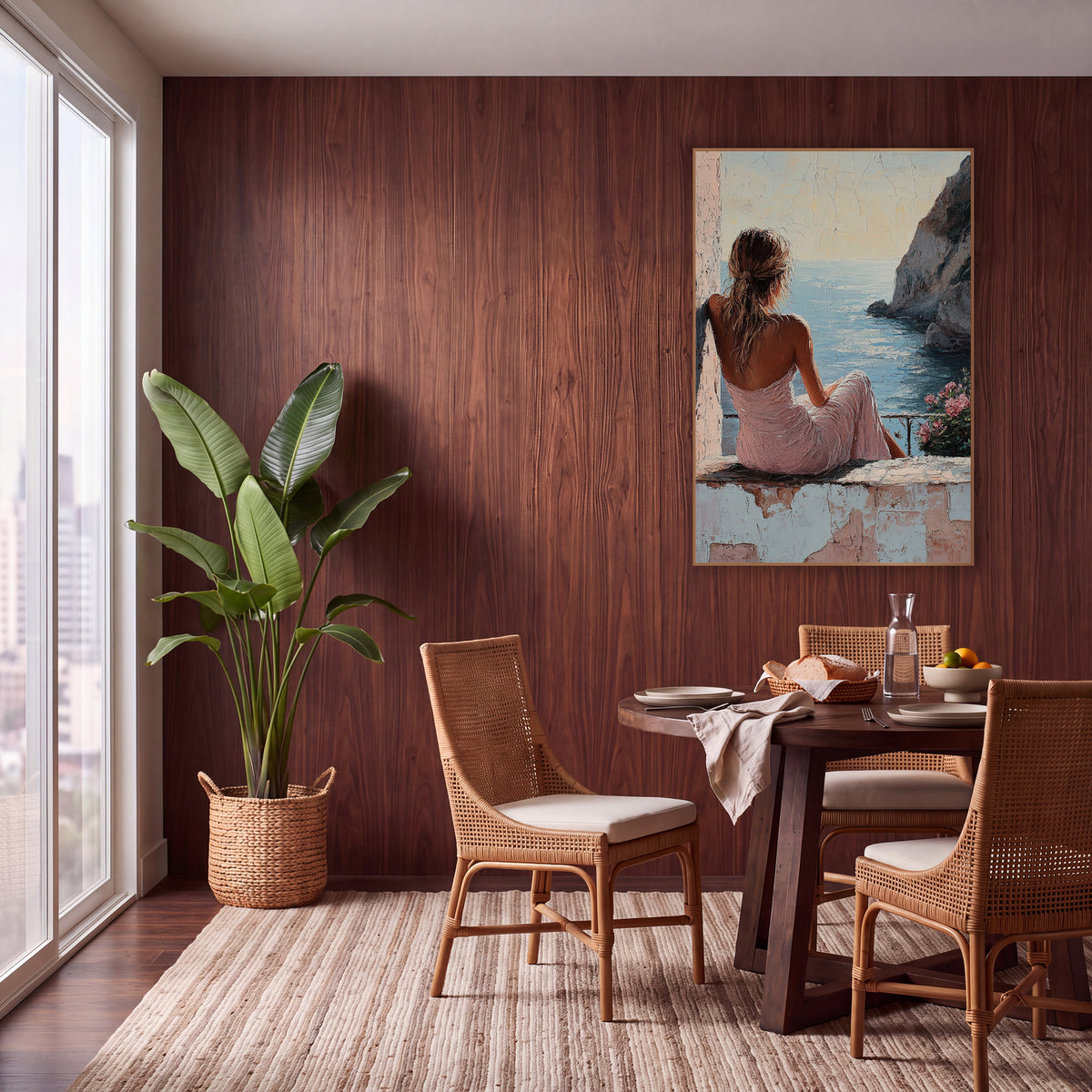 Woman on Seaside Terrace Coastal wall art in a warm boho-style room – woman in pink dress seen from behind sitting