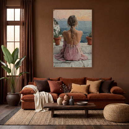 Woman Overlooking Coastal Terrace Boho wall art in a warm boho-style room – woman in a pink dress seen from behind