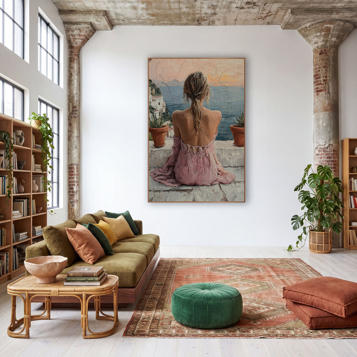 Woman Overlooking Coastal Terrace Boho wall art in a warm boho-style room – woman in a pink dress seen from behind