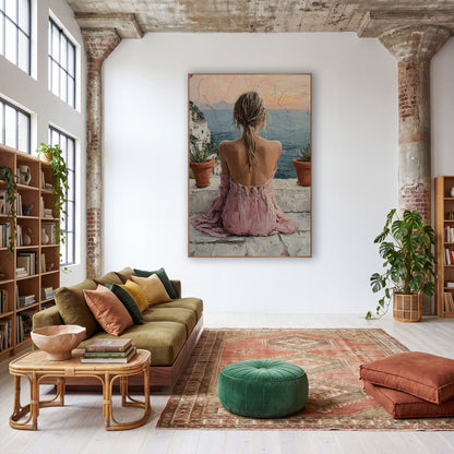 Woman Overlooking Coastal Terrace Boho wall art in a warm boho-style room – woman in a pink dress seen from behind