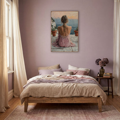 Woman Overlooking Coastal Terrace Boho wall art in a warm boho-style room – woman in a pink dress seen from behind