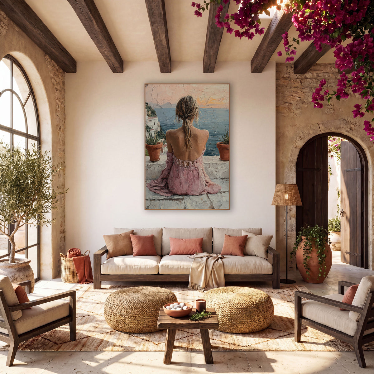 Woman Overlooking Coastal Terrace Boho wall art in a warm boho-style room – woman in a pink dress seen from behind