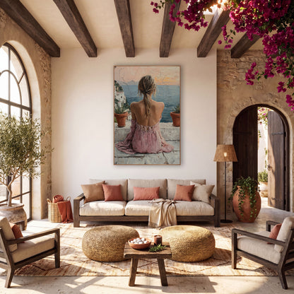 Woman Overlooking Coastal Terrace Boho wall art in a warm boho-style room – woman in a pink dress seen from behind