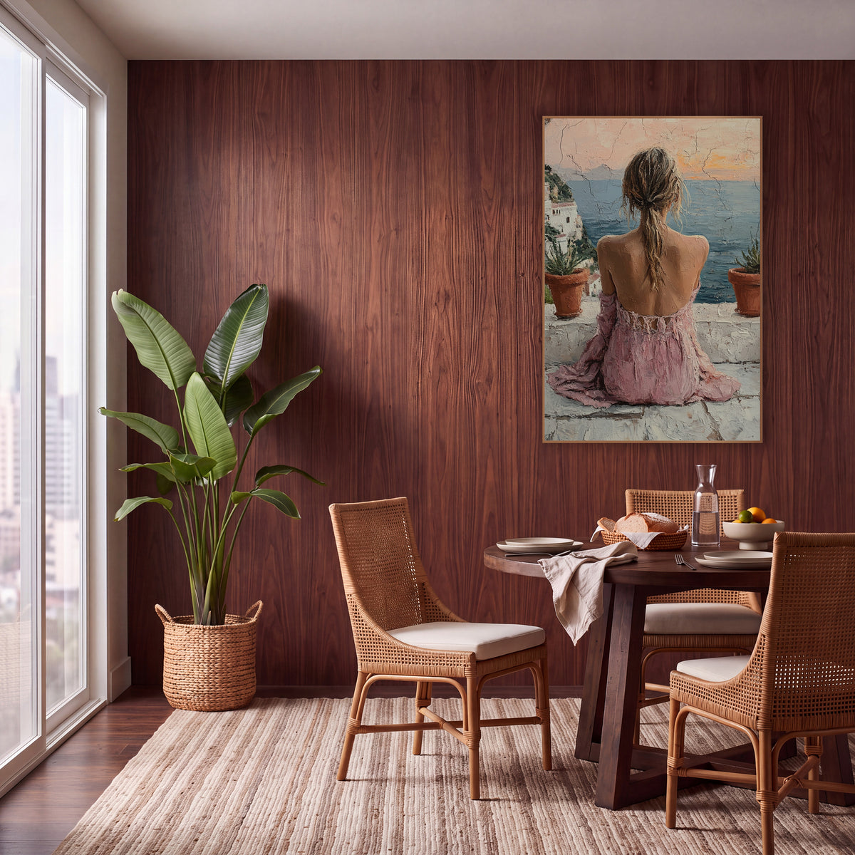 Woman Overlooking Coastal Terrace Boho wall art in a warm boho-style room – woman in a pink dress seen from behind