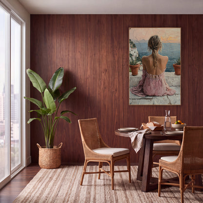 Woman Overlooking Coastal Terrace Boho wall art in a warm boho-style room – woman in a pink dress seen from behind