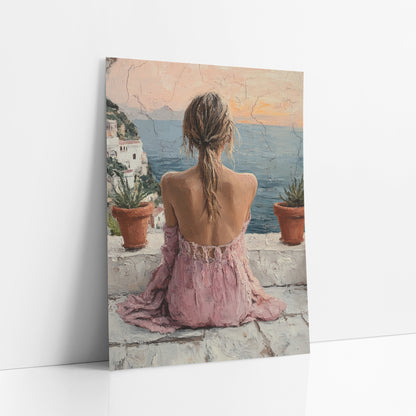 Woman Overlooking Coastal Terrace Boho art print leaning against a white wall – woman in a pink dress seen from behind