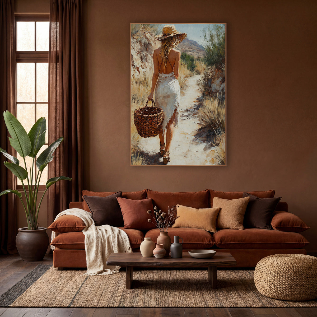 Woman Walking Desert Path Boho wall art in a warm boho-style room – woman in straw hat and white dress walking away