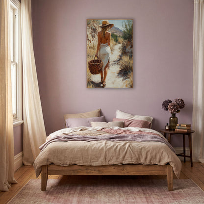 Woman Walking Desert Path Boho wall art in a warm boho-style room – woman in straw hat and white dress walking away