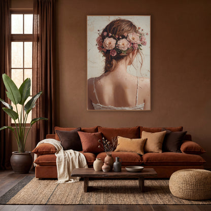 Woman With Blossom Crown Boho wall art in a warm boho-style room – woman seen from behind with pink and peach flowers