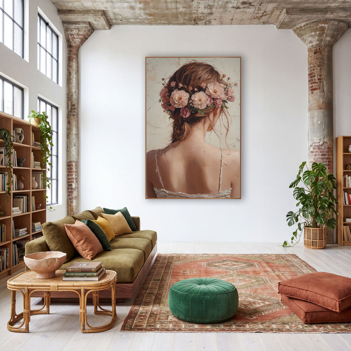 Woman With Blossom Crown Boho wall art in a warm boho-style room – woman seen from behind with pink and peach flowers